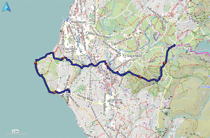 Kartenausschnitt mit eingezeichneter Route von St. Bees nach Ennerdale