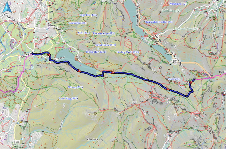 Kartenausschnitt mit eingezeichneter Route von Ennerdale Bridge nach Dubs Hut