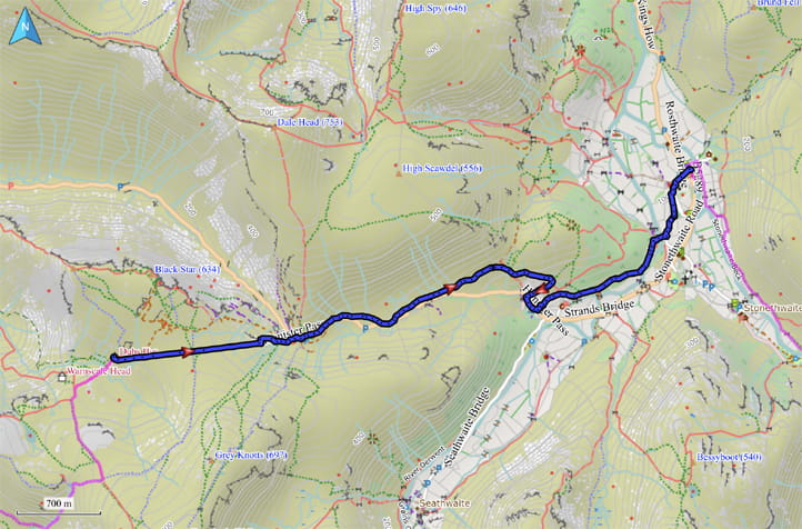 Kartenausschnitt mit eingezeichneter Route von Dubs Hut nach Rosthwaite