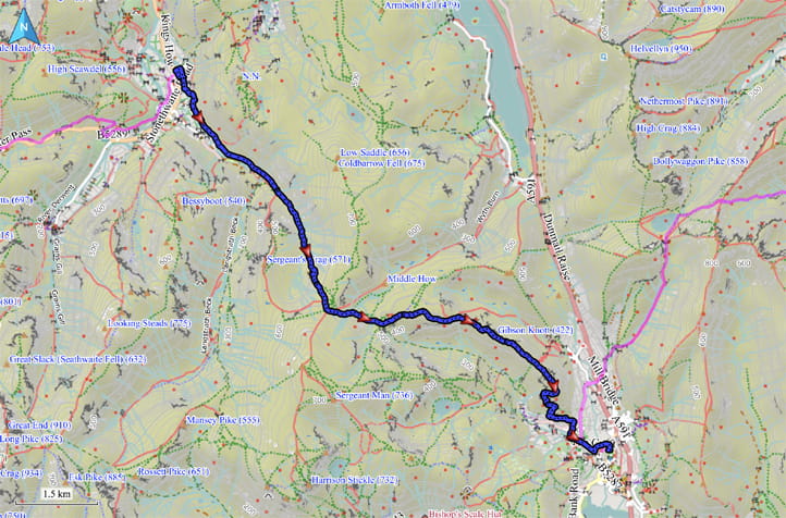 Kartenausschnitt mit eingezeichneter Route von Rosthwaite nach Grasmere