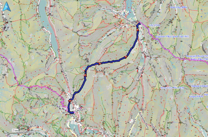Kartenausschnitt mit eingezeichneter Route von Grasmere nach Patterdale