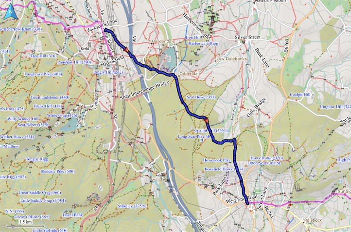 Kartenausschnitt mit eingezeichneter Route von Shap nach Orton