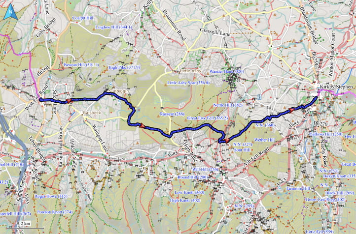 Kartenausschnitt mit eingezeichneter Route von Orton nach Kirkby Stephen