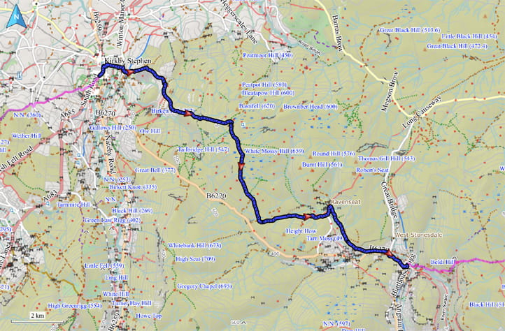 Kartenausschnitt mit eingezeichneter Route von Kirkby Stephen nach Keld