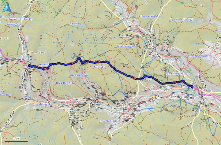 Kartenausschnitt mit eingezeichneter Route von Keld nach Reeth