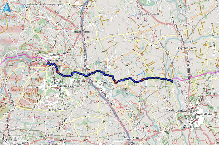 Kartenausschnitt mit eingezeichneter Route von Richmond nach Danby Wiske