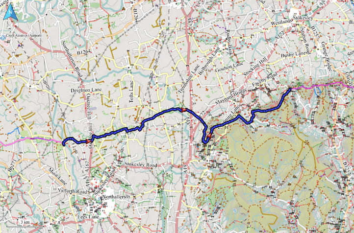 Kartenausschnitt mit eingezeichneter Route von Danby Wiske nach Lordstones