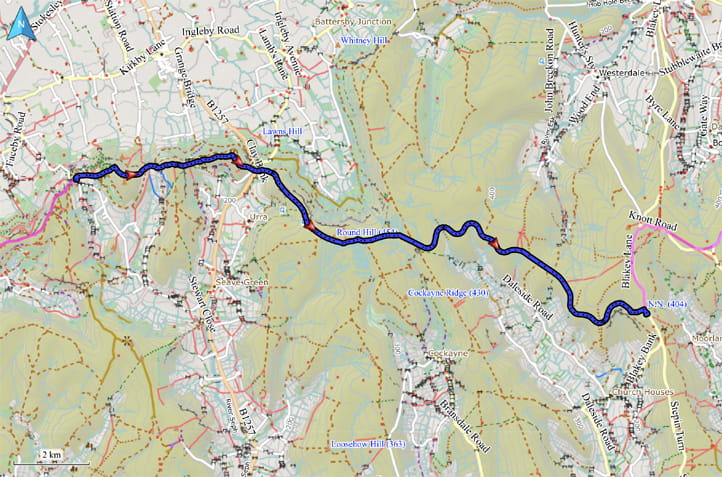 Kartenausschnitt mit eingezeichneter Route von Lordstones nach Blakey Ridge