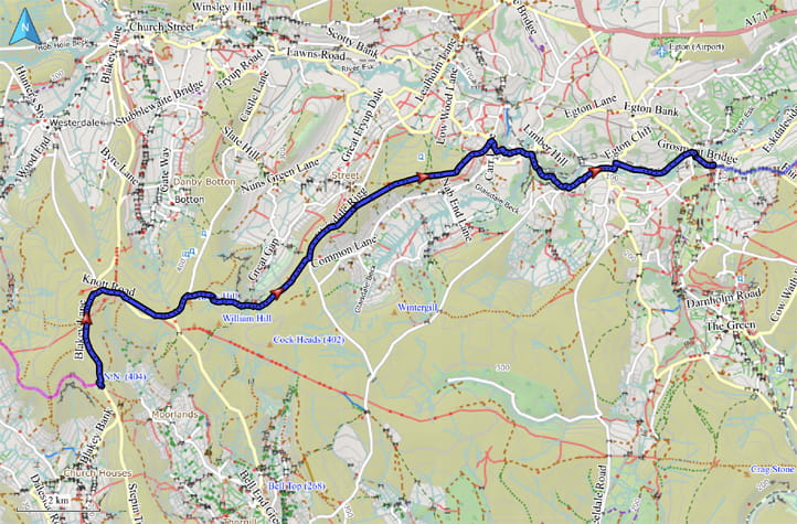 Kartenausschnitt mit eingezeichneter Route von Blakey Ridge nach Grosmont