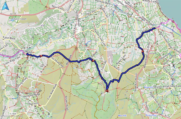 Kartenausschnitt mit eingezeichneter Route von Grosmont nach High Hawsker
